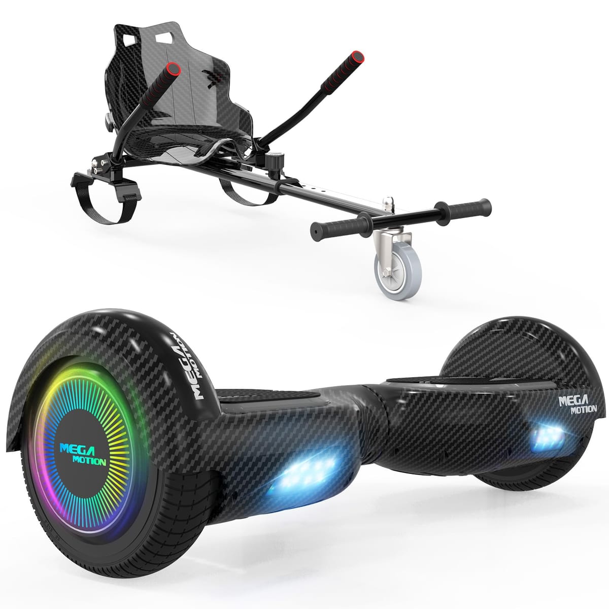 MEGA MOTION Hoverboard 6,5 Zoll mit Hoverkart-Sitz – Bluetooth, LED-Leuchten, Self-Balancing, starker Motor, Geschenk für Kinder