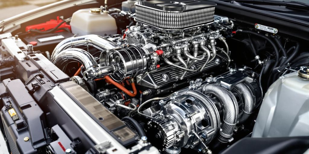 Nahaufnahme eines modifizierten Automotors mit Leistungssteigerungen.