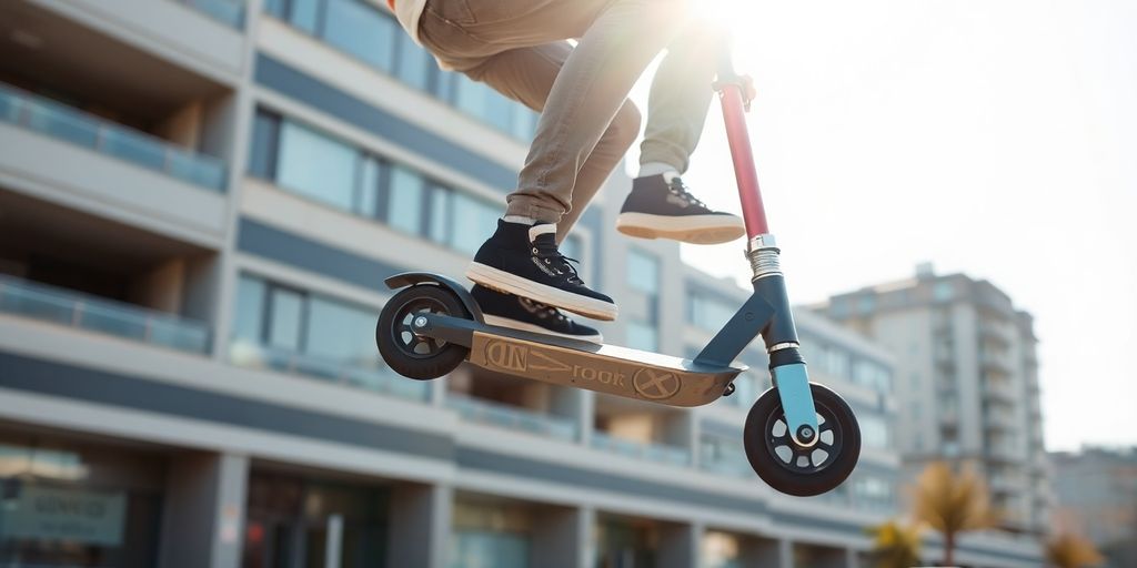 Ein Skateboarder führt einen Stunt auf einem Roller aus.