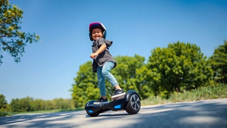Kind fährt Hoverboard mit Helm und Schutzausrüstung.