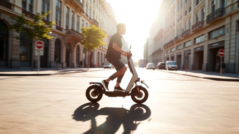 Elektroroller fährt durch sonnige Stadtstraße