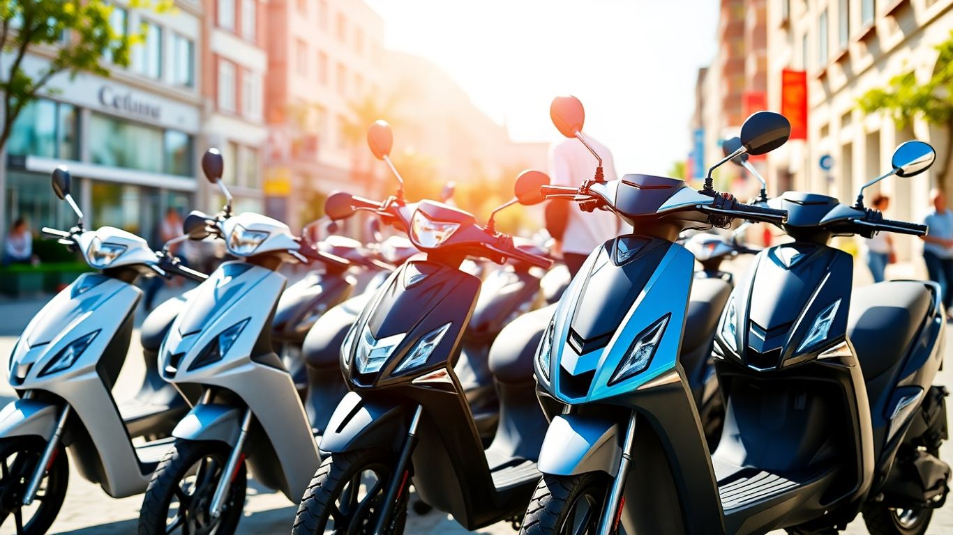 Elektroroller auf einer sonnigen Straße, verschiedene Modelle.