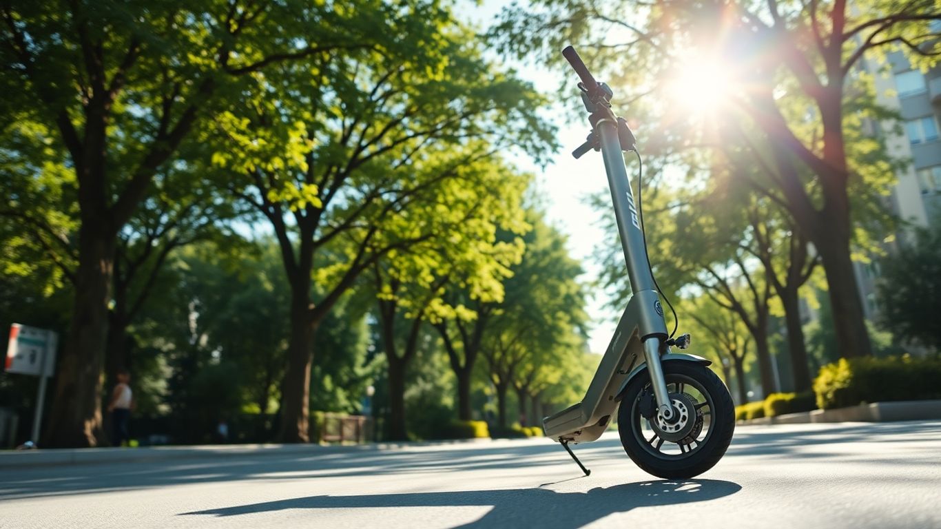Elektroroller fährt durch grüne Stadtlandschaft.