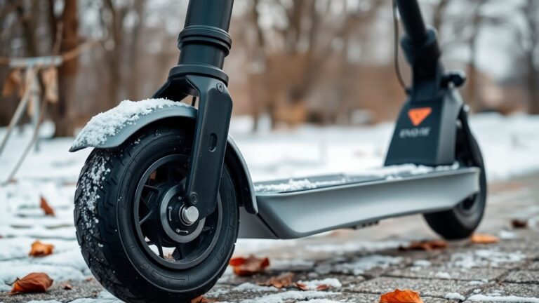 Elektroroller im Winter mit Schnee und Blättern