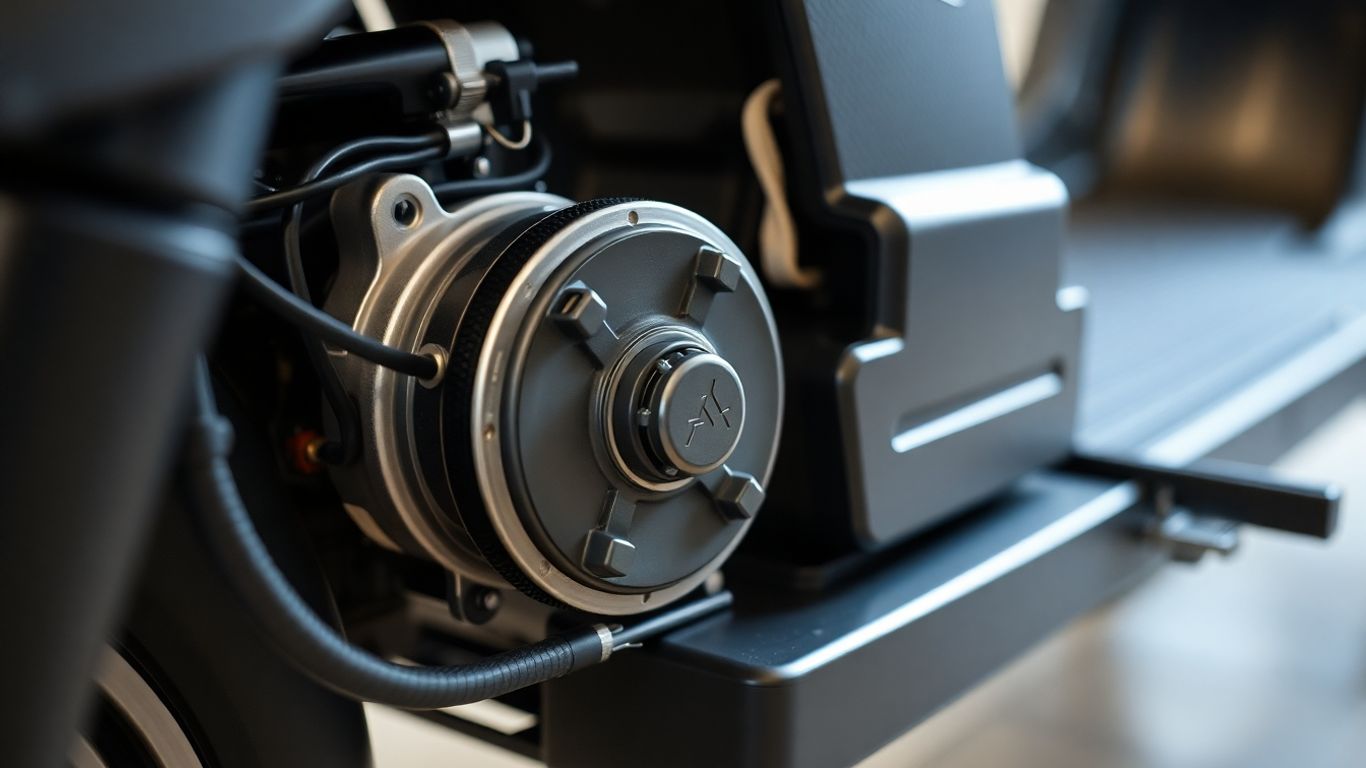 Elektromotor und Batterie eines Elektrorollers, Nahaufnahme.